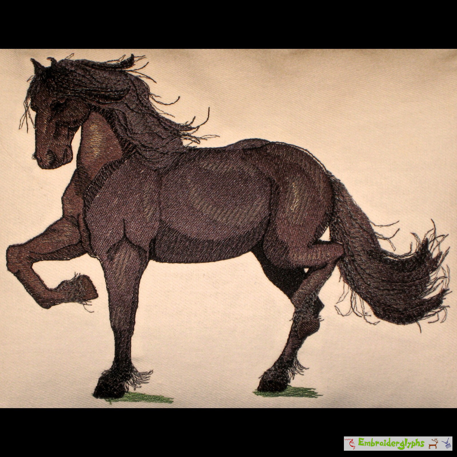 Embroidered Friesian Accemt Pillow, main design of the pillow.